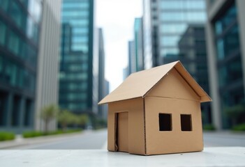 Cardboard house model placed between glass skyscrapers in urban cityscape