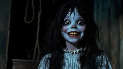 Creepy Doll's Gaze: An unsettling portrait of a porcelain doll with an eerily lifelike smile and wide, haunting eyes, captured in a shadowy setting that amplifies the unsettling presence.  