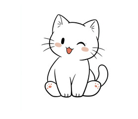 Winking Cartoon Cat Sitting, Mischievous and Playful, White with Pink Cheeks