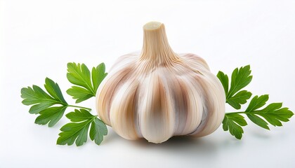 garlic with parsley leaves on a white background
