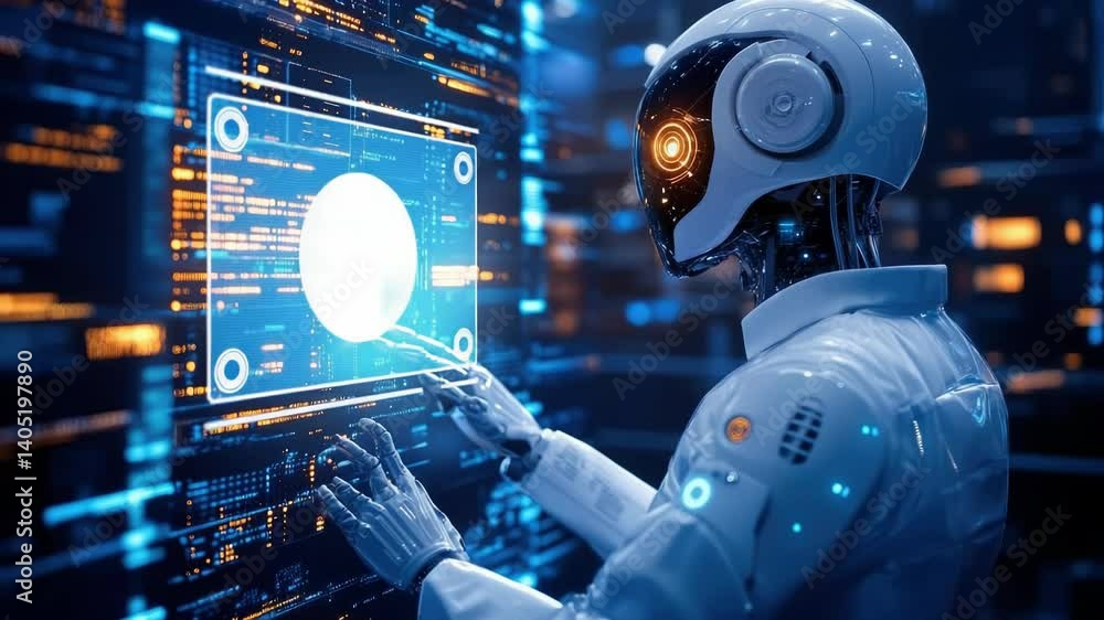 Poster futuristic humanoid robot working on multiple high-tech computer screens in a modern ai research cen