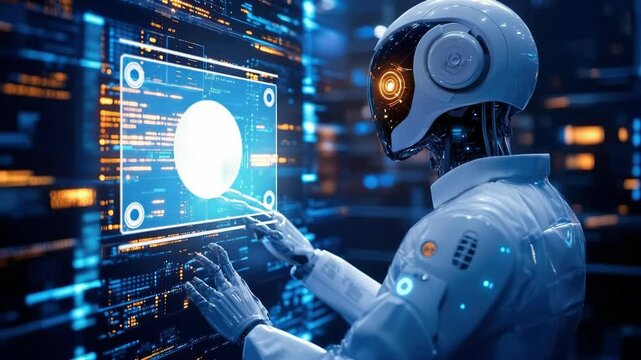 Futuristic humanoid robot working on multiple high-tech computer screens in a modern AI research center,demonstrating machine intelligence, deep learning,cybernetic progress in artificial intelligence