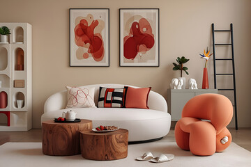 Artistic living room with red and white wall art orange accent chair and modern decor.