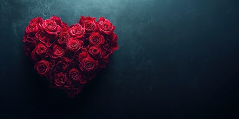 Roses arranged in a heart shape on a dark background for romantic occasions like anniversaries or Valentine's Day
