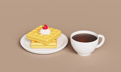 아침 식사 커피 와플 딸기 소프트 크림 아이콘 Breakfast  Coffee and Waffle with Strawberry Soft Cream Icon