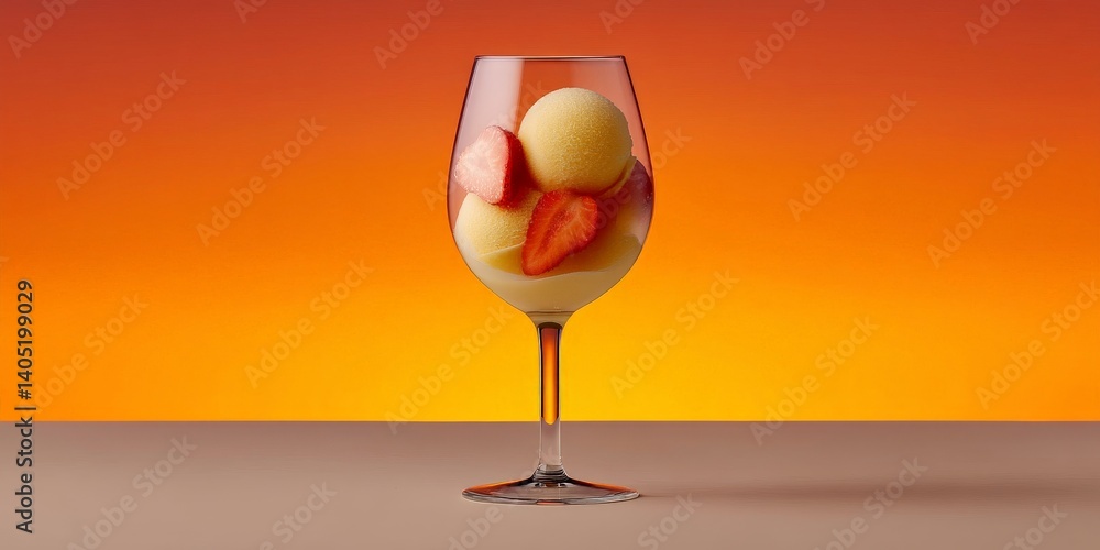 Poster glass with orange and peach slices layered in drink against gradient background with warm tones used