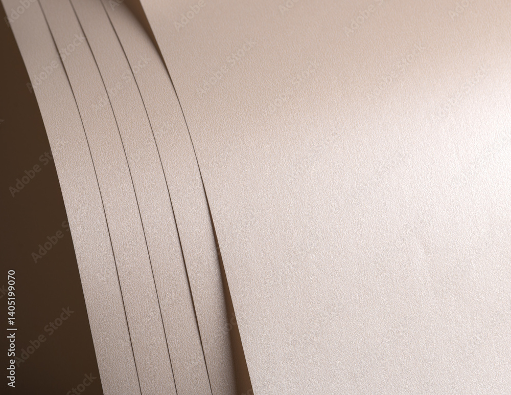Poster Background with satin pearlescent paper texture. Layered strips with curved contour and gentle wave structure. Warm champagne hue, muted pastel shimmer. Elegant minimalistic layout..