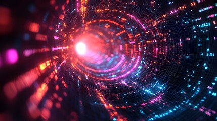 Fototapeta premium Cybernetic Tunnel: A vibrant, neon-lit cybernetic tunnel pulsates with energy, creating a mesmerizing and futuristic digital landscape.