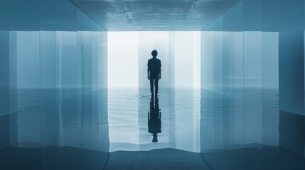Fototapeta premium Solitary figure stands in a vast, light-filled, reflective space.