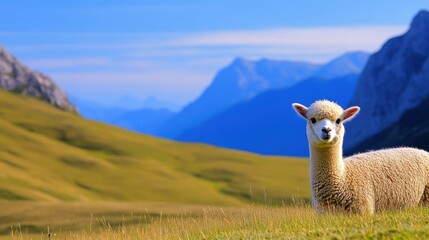 Fototapeta premium A curious lamb stands in a lush green meadow with majestic mountains in the background