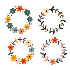 Round floral frame of small flower bushes in delicate flowers in the Scandinavian style on a white background.	