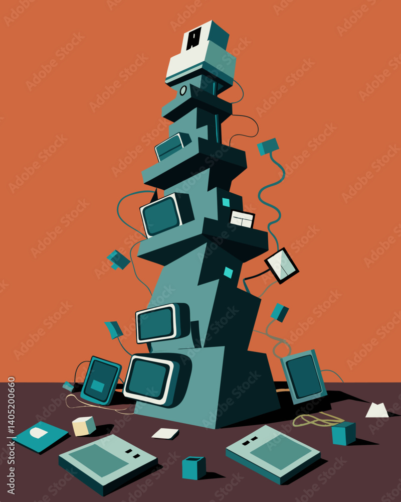 Poster layers upon layers of discarded computers tablets and headphones form a looming unstable tower threa