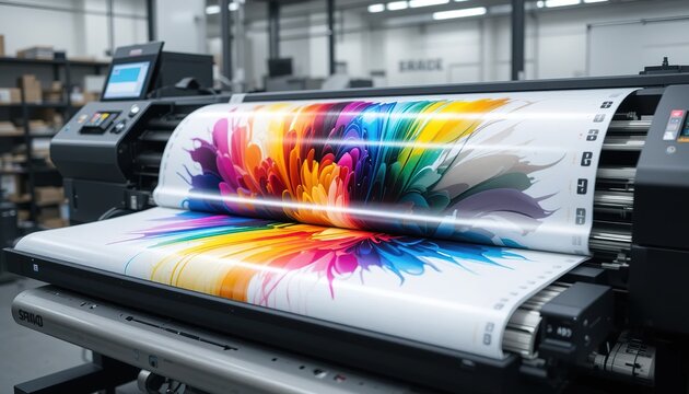 massive digital printer hums precision glides across expansive media, unleashing vibrant cascades color. calibrated output photorealistic materializes stunning clarity testament artistry professional.