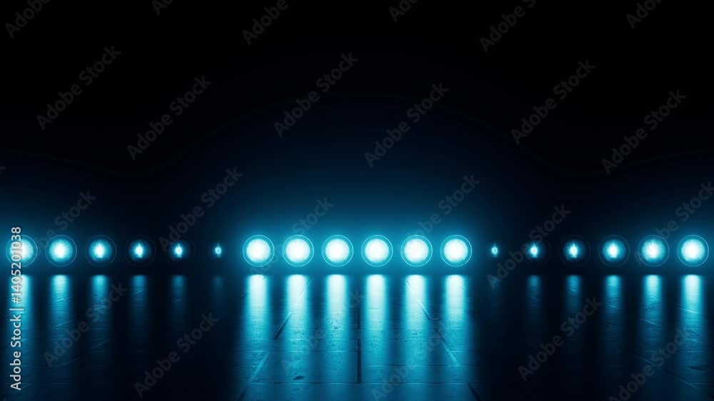 Poster bright flash lights animated background. abstract stage illumination. blue blinking spotlights. empt