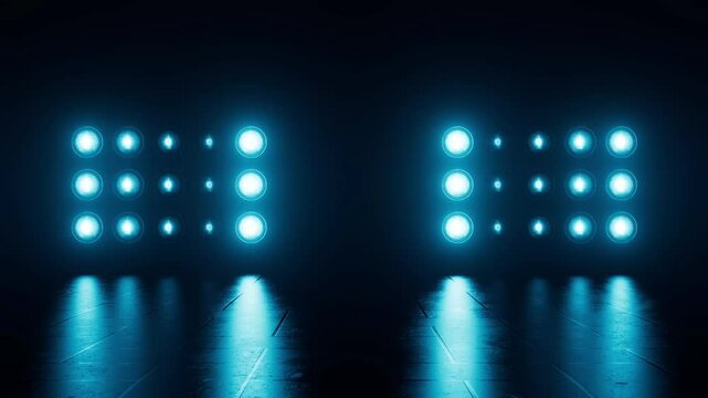 Blue stage flash lights. Empty studio space with vibrant spotlights animation. Celebration party event. Bright illumination night club motion texture. Seamless loop.