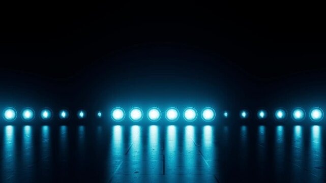 Bright flash lights animated background. Abstract stage illumination. Blue blinking spotlights. Empty studio space. Seamless loop.