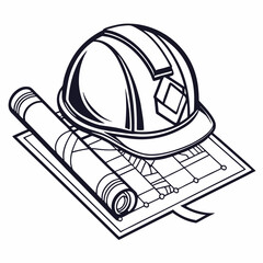 Fototapeta premium Vector icon of safety helmet resting on construction plans