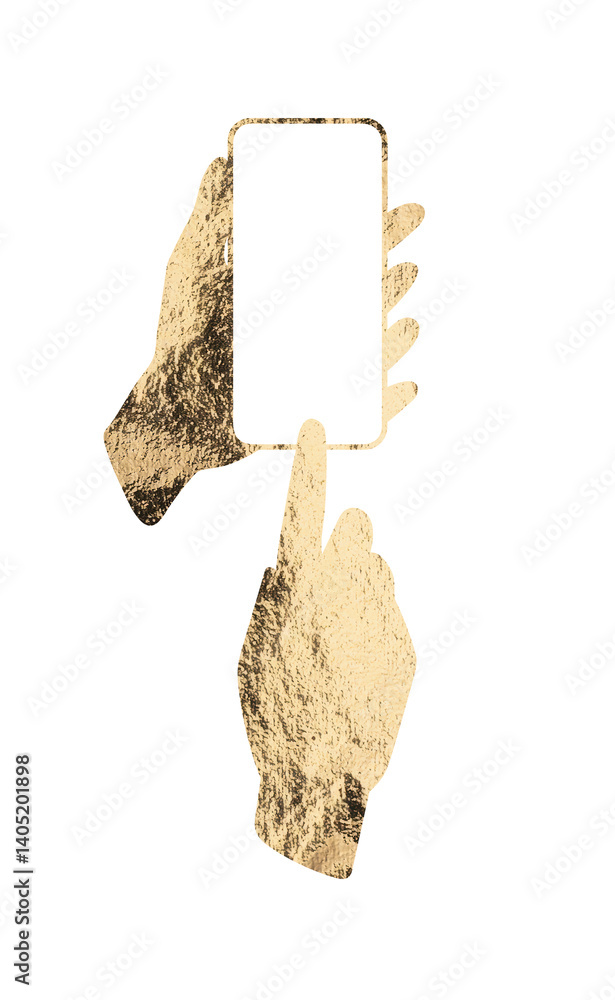 Poster gold smartphone held in hand, finger tapping on screen. luxurious, textured phone with surreal, fash
