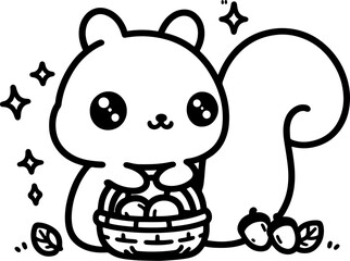 Squirrel with an Acorn Basket. Coloring Book Page. Cartoon Illustration.