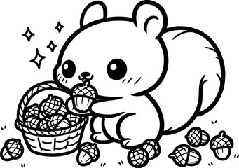 Squirrel with an Acorn Basket. Coloring Book Page. Cartoon Illustration.