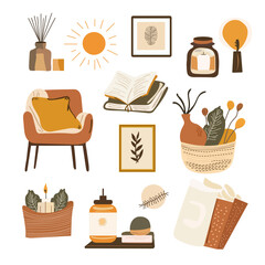 Cozy Home Decor Vector Set Flat Style Interior Elements