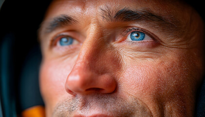 Obraz premium Close-up of a man's face, showcasing his intense blue eyes and weathered skin, looking upwards. Generative AI