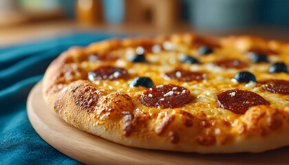 Close-up of a pepperoni and olive pizza on a wooden board. Generative AI