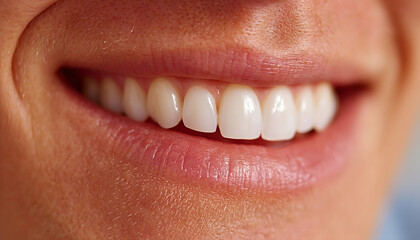Fototapeta premium Close-up of a person's bright, healthy smile showing even, white teeth. Generative AI