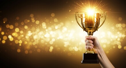 Triumphant moment hand holding golden trophy against bokeh lights background