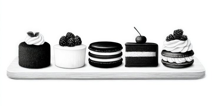 Editorial style black and white dessert lineup including various cakes and tarts set symmetrically on white background suggesting culinary minimalism and classic contrast aesthetic