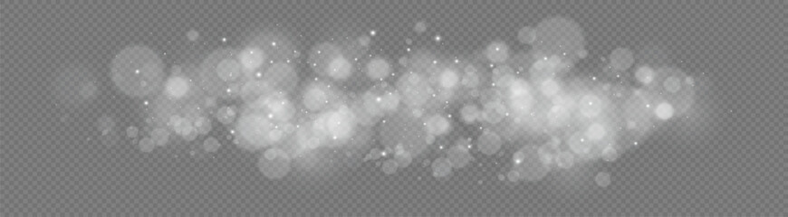 Light abstract glowing bokeh lights. Light bokeh effect isolated. Christmas background from shining dust. Christmas concept flare sparkle. White png dust light