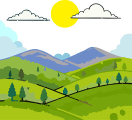 Flat Style Hills and Trees with Sun and Clouds