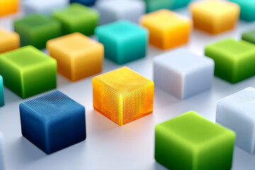 Obraz premium Colorful cubes arranged in a grid pattern, one glowing cube stands out. Generative AI