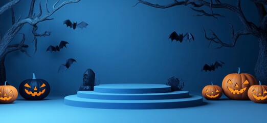 Halloween Themed Product Display with Pumpkins, Bats and Gravestone Props