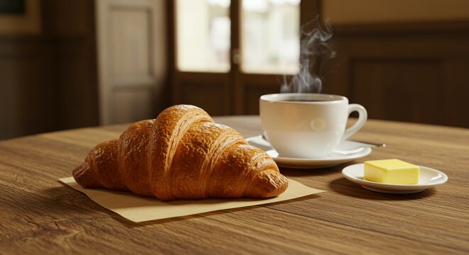 Flaky buttery croissant, perfect for breakfast. Styled on cozy French caf&eacute; scene.