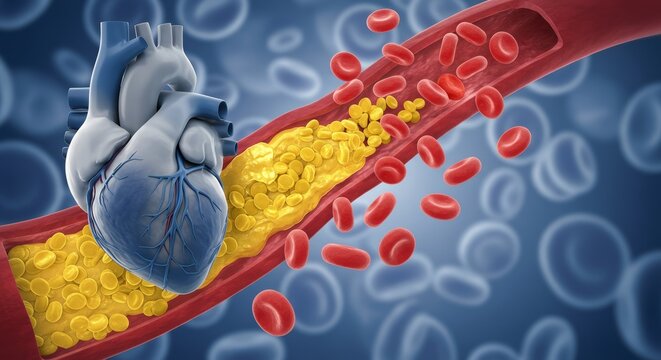 Medical Illustration: Heart Connected to Clogged Blood Vessel with Cholesterol