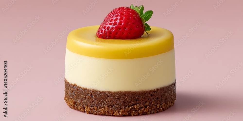 Poster small round vanilla cheesecake topped with a single raspberry placed centrally on pink matte surface