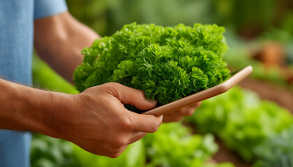 Farmer inspecting fresh parsley using a tablet in a garden. Generative AI