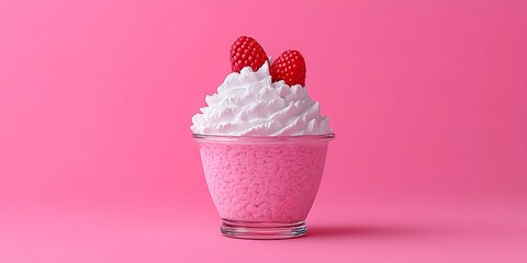 Pink whipped cream dessert in stylized transparent container placed centrally on hot pink background evoking pop visual sensation pastel sweetness and minimalist culinary color play