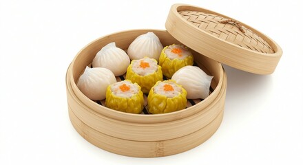 Variety of dim sum in bamboo steamer styled on isolated white background