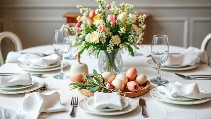 Fototapeta premium Elegant Easter Dinner Table Setting, Prepared for a Special Occasion