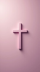 Obraz premium A pink cross on a wall with blurred background.