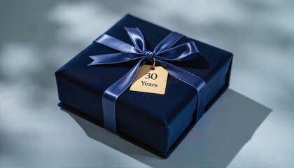 Elegant gift box with golden "30 Years" tag on reflective surface, celebration