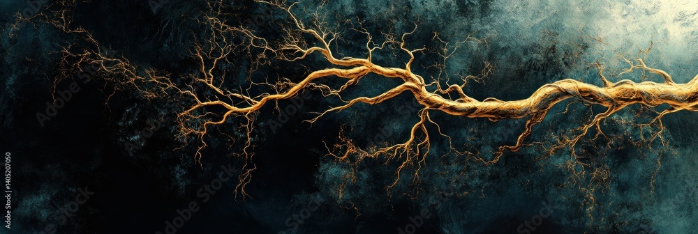 Poster Abstract golden tree branch with intricate patterns on a dark teal background