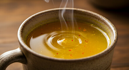 Warm anti-inflammatory turmeric tea with cayenne in ceramic cup