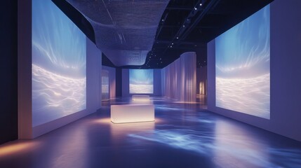 A futuristic showroom with no products, offering wide open spaces and light projections 