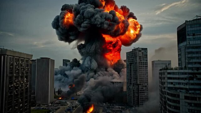 Nuclear mushroom cloud rising over urban skyline, devastating city buildings and generating immense destruction during simulated apocalyptic nuclear weapon scenario