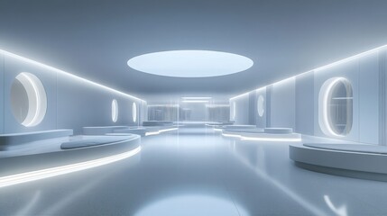 A minimal, futuristic showroom with expansive space, smooth surfaces, and futuristic light installations 