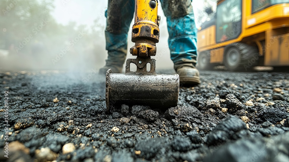 Poster a worker using a machine to compact asphalt on a road.