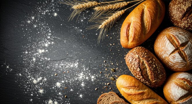 Overhead composition featuring artisanal breads with wheat stalks on slate